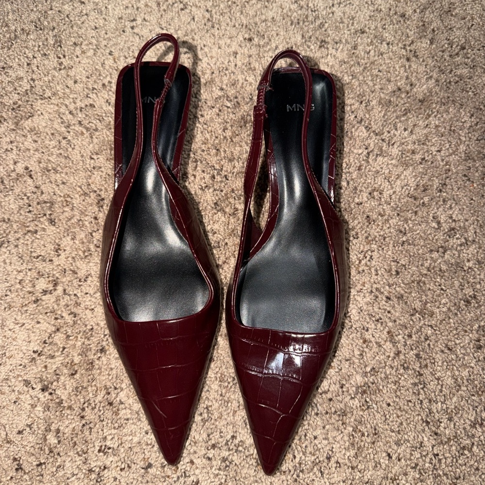 Mango Pointed Toe Slingback Flats in Burgundy Croc-Embossed Leather
